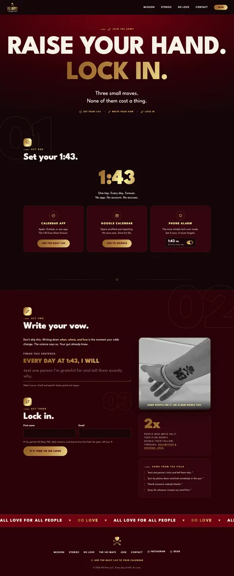 143 Army: /join. Raise your hand. Lock in., first page