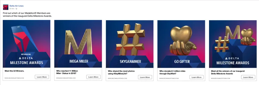 Five Delta Milestone Awards category cards, each with a gold trophy object and a question naming a record a member set