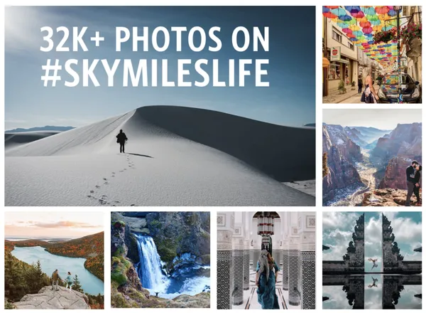 A mosaic of member travel photographs under the line 32K+ photos on #SkyMilesLife