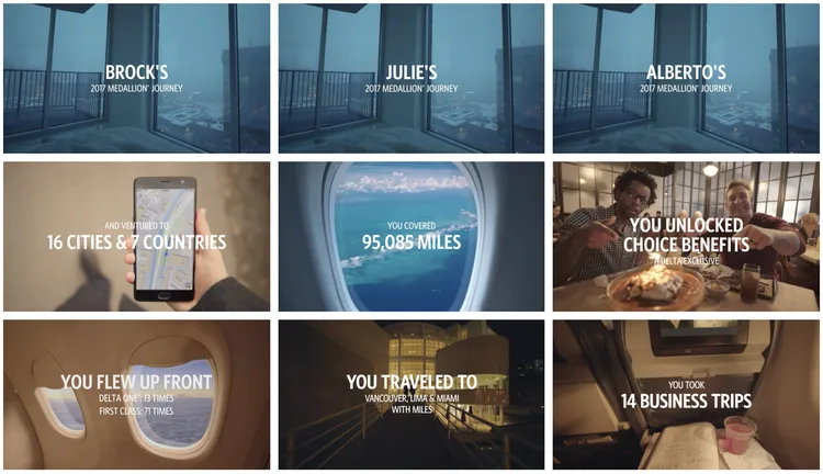 Frames from three personalised films: Brock’s, Julie’s and Alberto’s Medallion journeys, with each member’s own mileage and city counts
