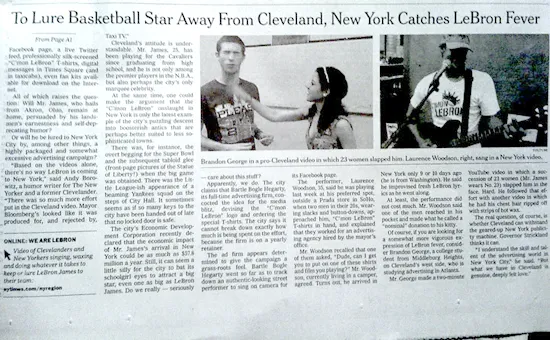 A photograph of the printed New York Times page continuing the story from A1, with a picture of Brandon George in an I-heart-LeBron shirt