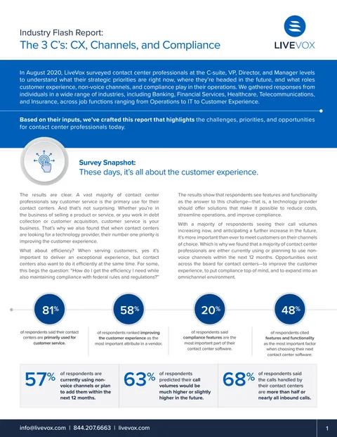 LiveVox: 3 C's (CX, Channels, Compliance), first page