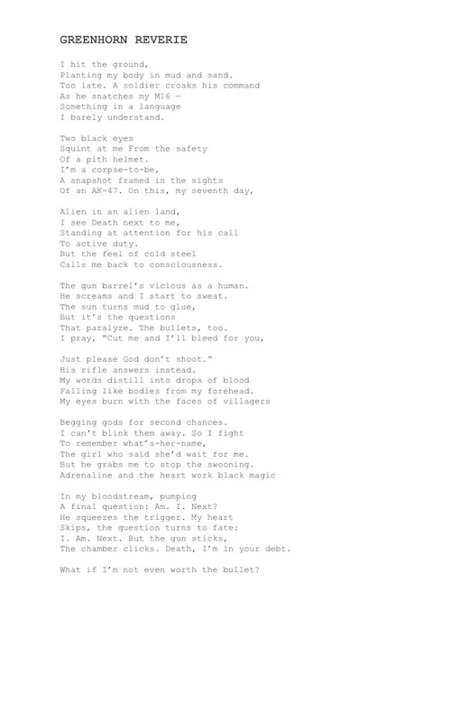The typed manuscript page for Greenhorn Reverie