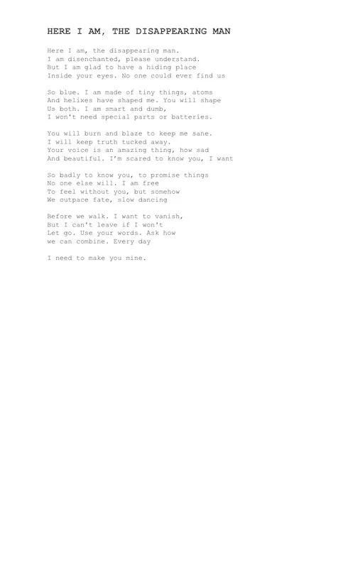 The typed manuscript page for Here I Am, the Disappearing Man