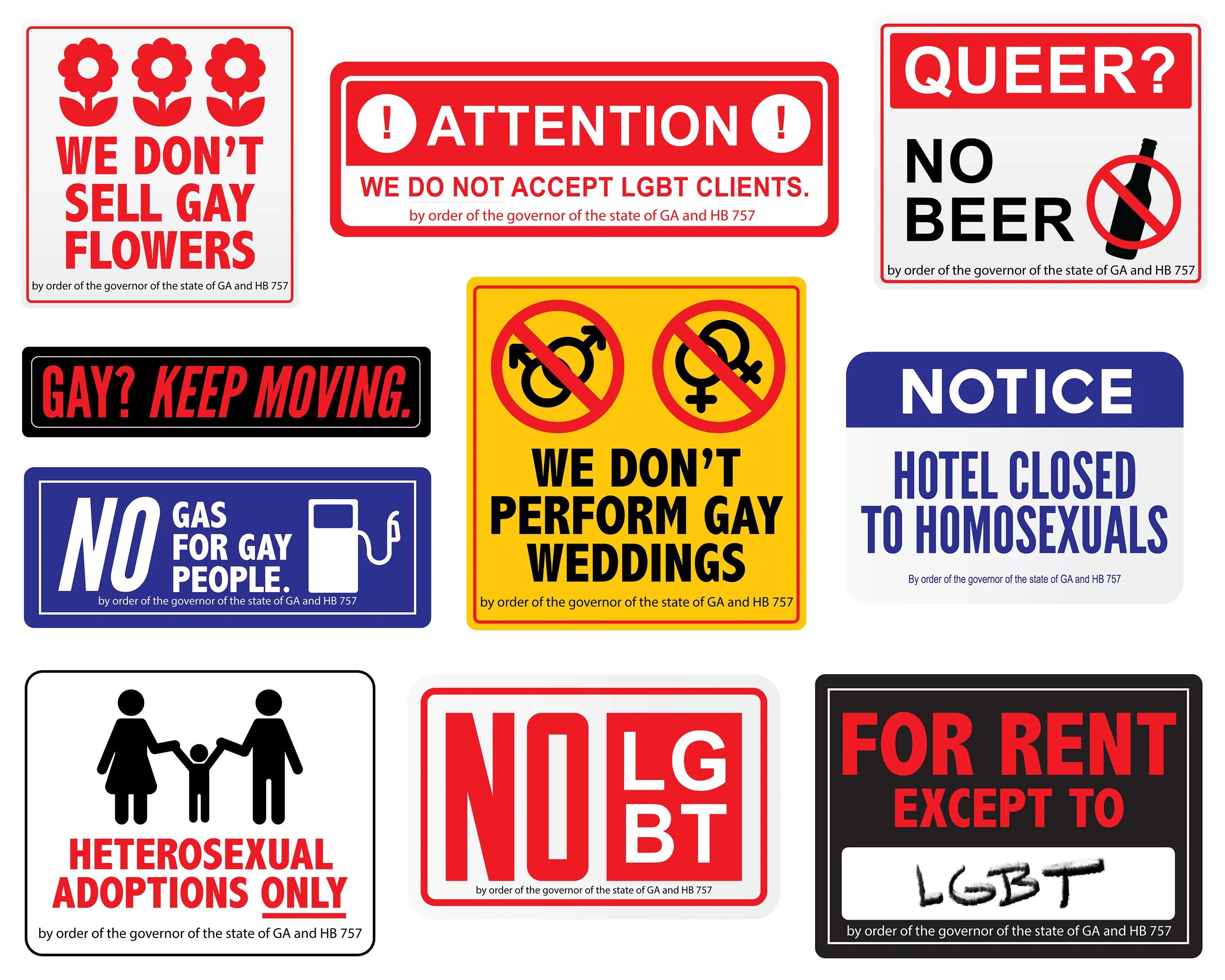 Ten signs from the 4A Graphics catalogue, each carrying the line 'by order of the governor of the state of GA and HB 757'