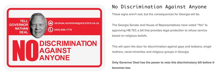 The 4A Graphics site after the reveal: a sign reading NO DISCRIMINATION AGAINST ANYONE with the governor’s office email and phone number
