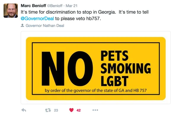 Marc Benioff tweeting one of the fake signs at @GovernorDeal and asking him to veto HB757